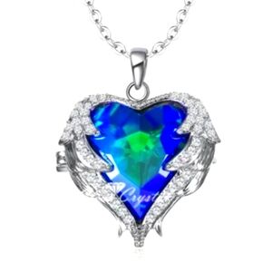 Angel Heart & Wings 18K White Gold Plate Blue Necklace Swarovski Crystal